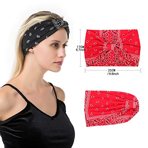 Assorted Paisley Print Wide Bandana Knot Headbands Criss Cross Head Wrap Hair Band (4 Colors Pack C) - color: 4 Colors Pack C