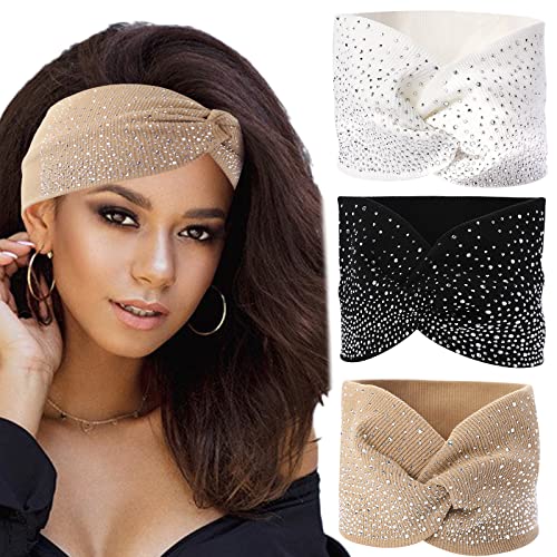 Sparkly Crystal Bling Fancy Headbands with Stretchy Elastic Head Wraps and Turban Scarf for Black Women - 3 Pcs - color: White & Khaki & Black
