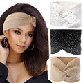 Sparkly Crystal Bling Fancy Headbands with Stretchy Elastic Head Wraps and Turban Scarf for Black Women - 3 Pcs - color: White & Khaki & Black
