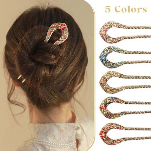 5 Pcs Vintage Hair Forks U-Shaped French Hair Pins Retro Rhinestone Metal Hairs Chopsticks Double Prong Hairpin for Women Bun Updo Thick Long Hairstyle Accessories