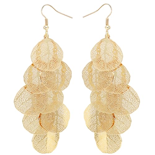 Boho Gold Dangle Earrings for Women Trendy Long Drop Chandelier Bohemian Fligree Leaf Earrings Dangling Lightweight Hyopallergenic for Women