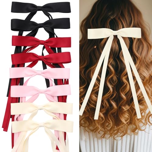 Hair Bows for Women,Ribbon Hair Bows With Long Tail,Hair bow clips Hair Barrettes for Women Accessories (Black, Beige, Pink, Red) - color: Black, Beige, Pink, Red