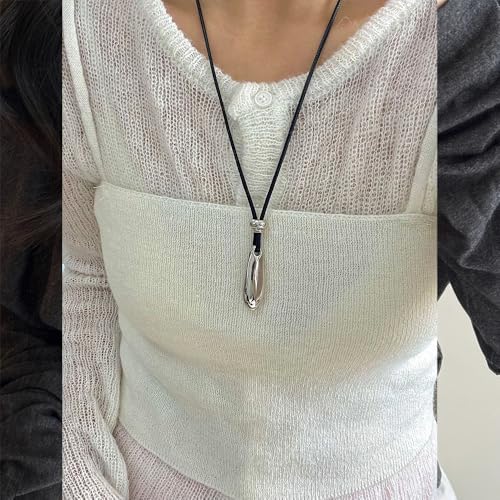 Long Gold Pendant Necklaces for Women Trendy Chunky Silver Big Pendant Statement Goth Black Leather Cord Rope Large Bean Necklace Boho Dangle Jewelry - color: Silver
