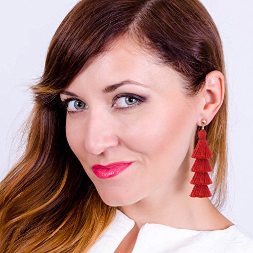 BaubleStar Tassel Earrings Handmade Tiered Thread Tassel Dangle Earrings, Multi Colors - color: Red