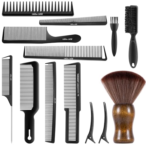 SALONSILK 13PCS Hair Cutting Shaving Brush and Comb Set, Professional Barber Combs for Hair Stylist, Premium Grade Barber Brush Neck Duster, Fading Comb Barber Clipper Comb - color: Hair Dressing Brown
