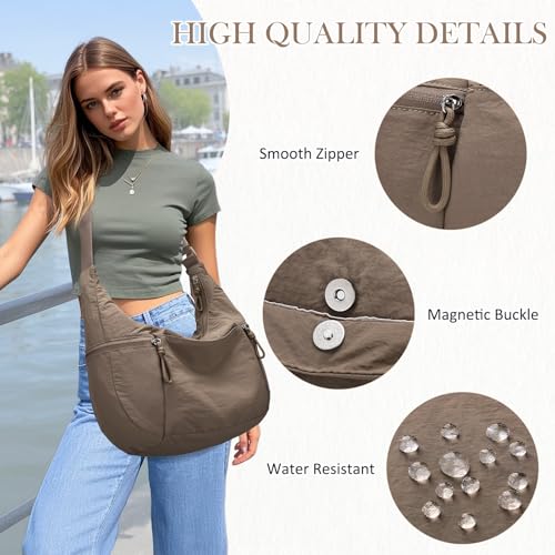 VASCHY Crossbody Crescent Bag for Women, Casual Lightweight Nylon Large Slouchy Hobo Bags Purses for Travel/Gym/Work/College - color: Light Brown