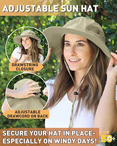 Tirrinia Wide Brim Sun Hat with Neck Flap for Men & Women, Breathable Hiking Fishing Safari Hat, Outdoor UV Protection Cap - color: # Tan
