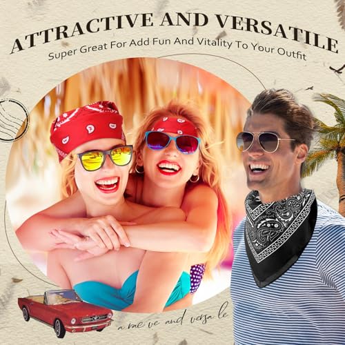Suhine 12 Pcs Bandanas Bulk for Women Men 22 x 22 Inch Paisley Headband Cowboy Handkerchief Summer Beach Party Costume - color: Red and Black