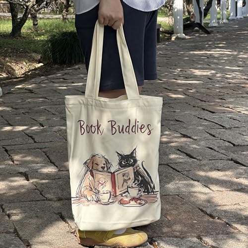 Canvas Tote Bag with Zipper for Women, Aesthetic Tote Bag with Pocket for Vacation, Shopping, Travel, Beach - style: Book Buddies