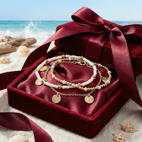 Gold White Beads Shell Pendant Layered Anklet Set for Women, Boho Handmade 3Pcs Golden Beaded Pearl Anklets Summer Beach Ocean Accessories Jewelry Gift