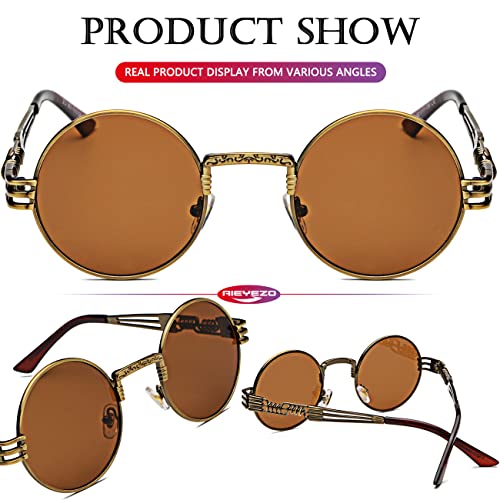 AIEYEZO Round Steampunk Sunglasses for Men Women Retro Circle Hippie Glasses Metal Frame 100% UV Blocking Lens - color: Bronze/Brown