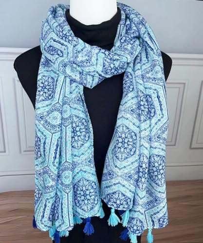 WaJuemy Travel Boho Scarf for Women Casual Lightweight Pashmina Scarves Fashion Multicolor Shawl Wraps with Fringed Beads - color: 03 Teal Floral