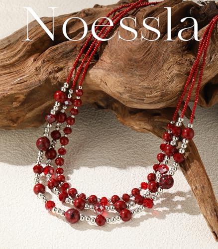 Noessla Beaded Statement Necklaces for Women Layered Chunky Bead Necklace Fashion Costume Jewelry Gifts for Mom - color: Red