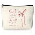 Coquette Pink Bow Christian Makeup Bag, God Is Within Her She Will Not Fall Cosmetic Bags for Women, Christian Bible Verse Gifts for Women, Preppy Aesthetic Zipper Makeup Pouch - color: 01-God Is Within Her She Will Not Fall