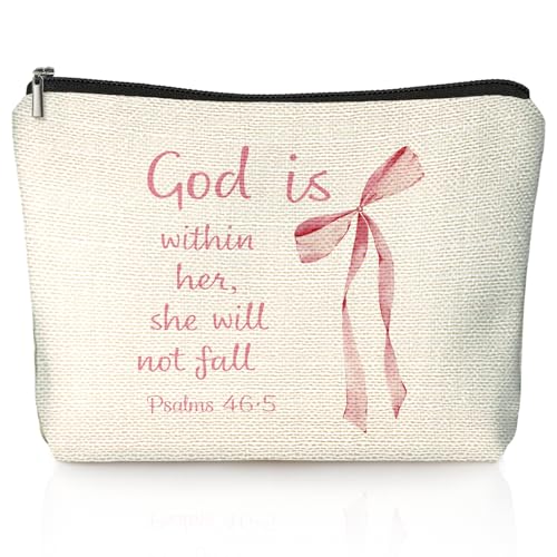 Coquette Pink Bow Christian Makeup Bag, God Is Within Her She Will Not Fall Cosmetic Bags for Women, Christian Bible Verse Gifts for Women, Preppy Aesthetic Zipper Makeup Pouch - color: 01-God Is Within Her She Will Not Fall