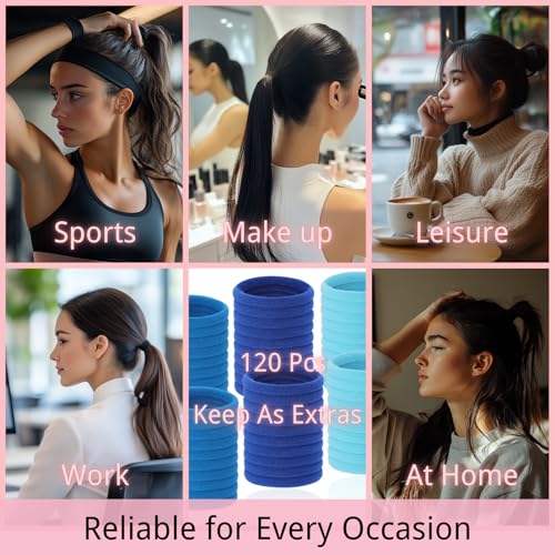 LuSeren 120 Pcs Blue Hair Ties for Women, No Damage Soft Seamless Nylon Hair Elastics for Thick Hair, Ponytail Holders, 3 Gradient Blue Hair Accessories - color: Blue