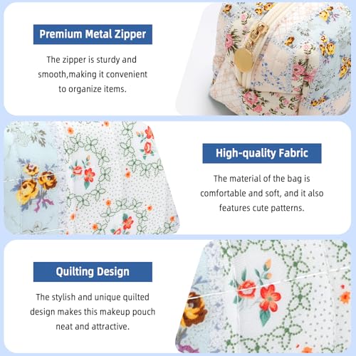 Small Makeup Bag Quilted Cosmetic Bag Floral Travel Toiletry Bags for Women Cute Pencil Case Quilted Makeup Pouch Aesthetic Coquette Cosmetic Pouch Cotton Make Up Bags Cute Zipper Pouches Blue - color: Ab-flower bee