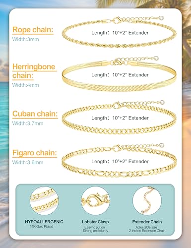 Besteel Ankle Bracelets for Women Waterproof - 14K Gold Plated Non Tarnish Layered Cuban Link Chain Rope Figaro Herringbone Anklets Set Plus Size Anklet Summer Foot Jewelry Gift Adjustable 8-12 Inch - style: 4 Pcs Gold Cuban-10+2 Inch