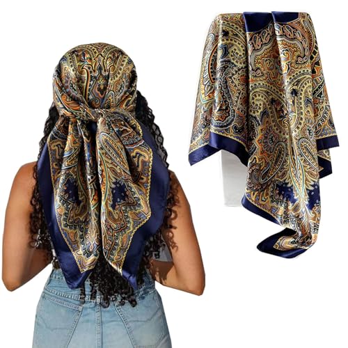 Hexchasty 35”Head Scarf Satin Silk Like Hair Scarf Large Square Head Scarves Bandana Head Wraps Headscarfs for Women Green - color: A-navy