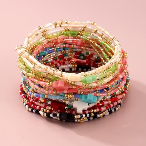 Gold Colorful Beaded Cross Bracelet Stack Set for Women,Handmade Bohemian Seed Beads Stacked Bracelets Fashion Holiday Jewelry Gift - color: Black