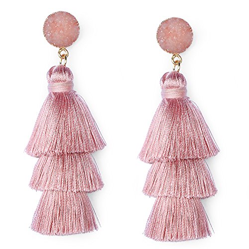 Me&Hz Colorful Layered Tassel Earrings Bohemian Statement Tiered Tassel Big Dangle Drop Earrings for Women Druzy Studs Valentine’s Day Gift - color: Blush Pink