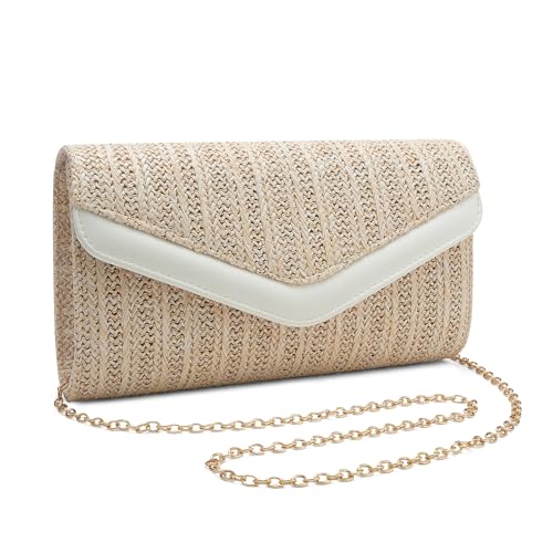 Straw Clutch Purse for Women Envelope Clutch Handbags for Summer Beach Evening Shoulder Crossbody Bag - color: Beige