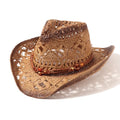 AQOKKA Straw Cowboy Hats for Women Men Western Cowgirl Hats with Shapeable Brim Woven Hollow Out Unisex Beach Roll Up Caps - color: Brown Beads Cowboy Hats : Khaki+coffee Spray-painted