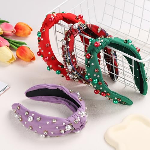 WantGor Pearl Knotted Headband, Women Rhinestone Embellished Hairband Elegant Wide Top Knot Bride Headbands Headpieces Party Fashion Elegant Ladies Hair Band Hair Hoop Accessories (Red Plaid) - color: Red Plaid