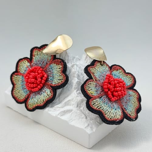 Boho Floral Embroidered Earrings with Colorful Bead Accents and Crystal Center for Women - color: Red