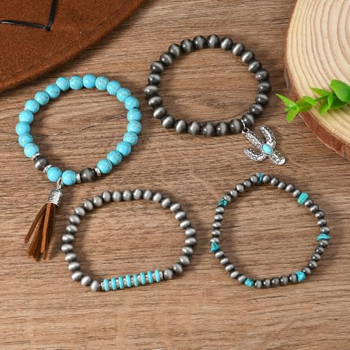 Western Outfit for Women Bohemian Vintage Stackable Turquoise Bracelet Rustic Beaded Cow Head Charm Stretch Bracelet Western Jewelry Country Concert Outfits for Women - style: Style2