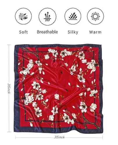 Hioyiwse Head Scarf For Women Hair Bandana 35" Large Square Satin Wrap Sleeping Neck Silk Satin Hair Scarves Lightweight - color: F23-white Flowers on Red Background(35*35inch）