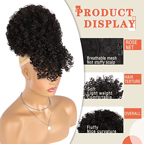 Drawstring Ponytail with Bangs Afro Puff for Black Women | Short Kinky Curly Puff, Curly Clip in Wrap, Updo Hairpiece, Hair Extensions - color: 2###