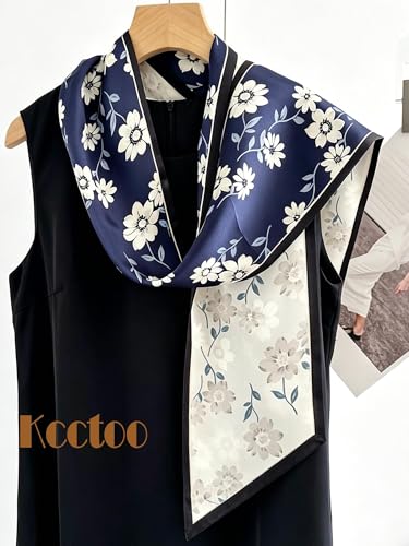 kcctoo 59" Mulberry Silk Like Head Scarf Women's Fashion Square Neck Satin Scarfs for Bag Hair Scarves Gift 59 * 5.9” - color: B004-navy Floral Scarf
