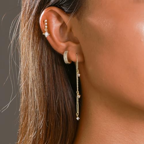Trendy Zircon Tassel Chain Threader Earrings Set for Women Chain Dangle Earrings Dainty Rhinestone Hoop Earrings Set for Women Stack Jewelry Long Drop Ear Line - color: Gold-one ear-B