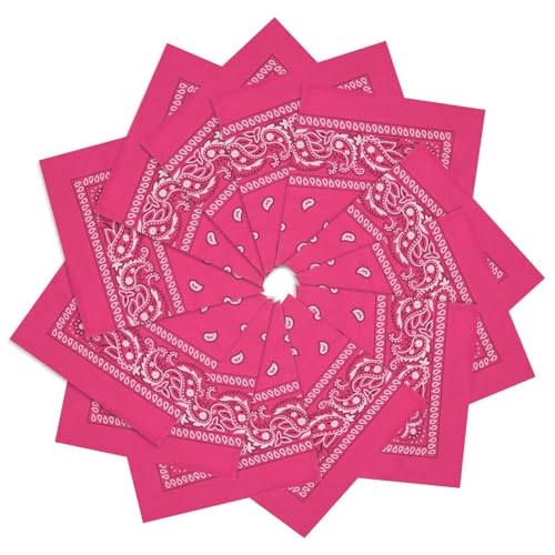12 Pack Bandanas Unisex Paisley Cowboy Bandanas Bulk Multi Purpose Headband Scarf for Men Women Costume - color: Hot Pink, style: Classic