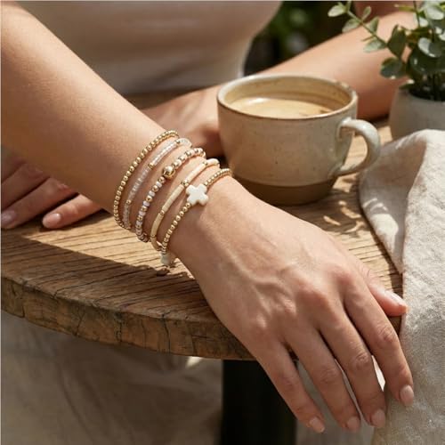 Gold Beaded Cross Bracelet for Women, 14K Plated Adjustable Stackable Dainty Bracelets, Non Tarnish Fashion Jewelry Set Gifts for Women Birthday Friendship - color: Colors-8
