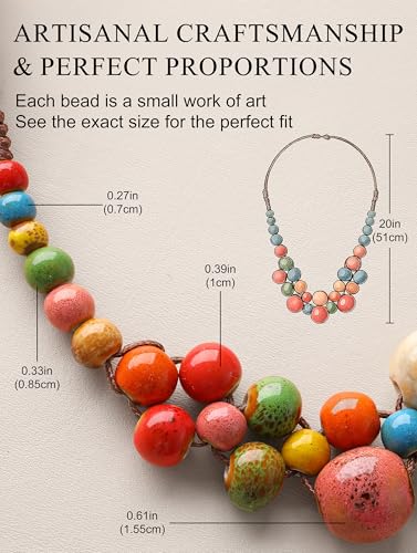 Magitaco Chunky Boho Statement Necklace for Women - Handmade Colorful Ceramic Beaded Hippie Jewelry, Adjustable Long Bohemian Necklaces for Casual Wear