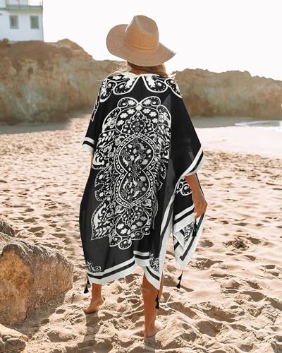 Kimonos for Women Casual Swimsuit Coverup Lightweight Boho Kimono Cardigans for Summer - color: Mystery Black