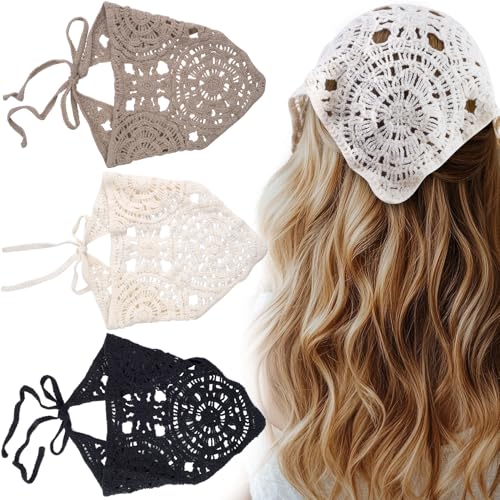 3 Pcs Crochet Bandana, Cute Bandanas for Women, Flowers Crochet Head Scarf, Vintage Head Scarf for Women's hair Styling Decor (Black, Beige, Brown) - color: Black, Beige, Brown-style1