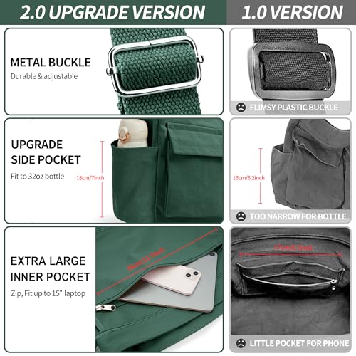 KALIDI Canvas Tote Bag Large Hobo Crossbody Shoulder Handbag Zipper Messenger Bag for Women or Men Casual College Work - color: Upgraded Dark Green