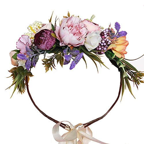 Vivivalue Women Floral Crown Boho Flower Headband Hair Wreath Floral Headpiece Halo with Ribbon Wedding Party Festival Photos - color: 51