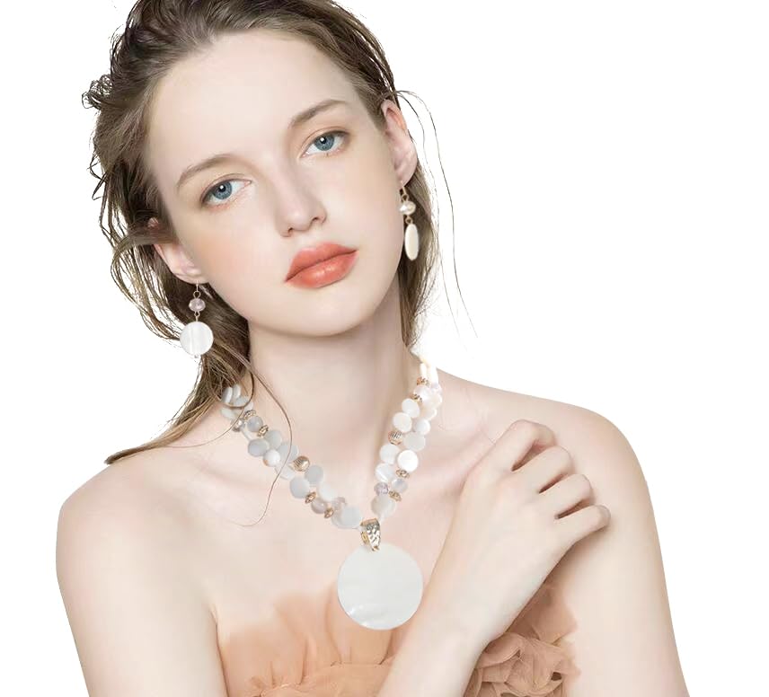 Layered Beads Statement Fashion Necklace Chunky Jewelry Set Big Colorful Glass Stone Circle Shell Pendant Choker Necklace and Earring Set for Women - color: white