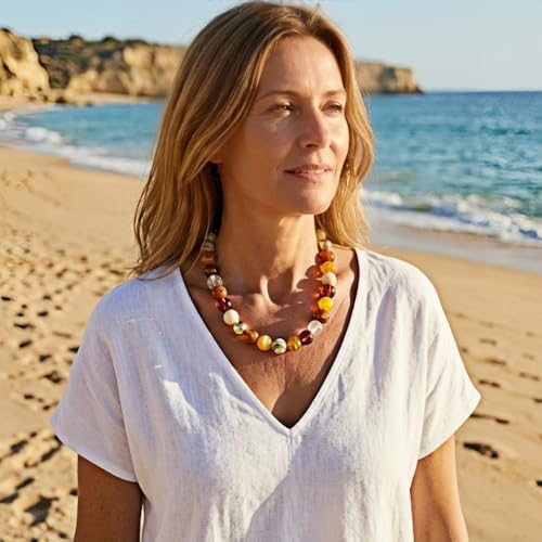 Dopamine Colorful Beaded Chunky Necklace for Women, Gold Large Round Resin Bold Beads Summer Boho Beach Vacation Jewelry - color: Brown