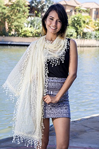 Cindy & Wendy Lightweight Soft Leaf Lace Fringe Scarf Bridal Shawl for Women - color: Beige - Sh