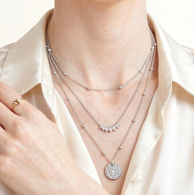 BBV Layered Gold Necklaces for Women Stackable Dainty 14K Gold Plated Silver Chain Necklace Layering Cute Fashion Pendant Choker Necklaces Trendy Jewelry Set Gifts for Women - color: silver, style: hammered texture round