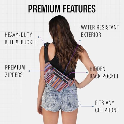 Boho Fanny Pack Belt bag - Crossbody Waist Bag for Men or Women - Hands-Free, Waterproof Large Bumbag for Hiking, Running, and Travel (Blue Vert) - color: Blue Vert v2