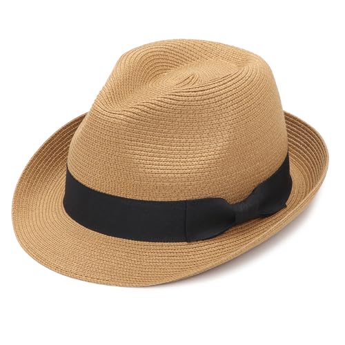 DRESHOW Women Straw Sun Hat Short Brim Panama Travel Fedora Summer Hat Roll Up Beach Cap for Women UPF 50+ - color: 1 Pack Rolled Hat: Khaki (Black Band)