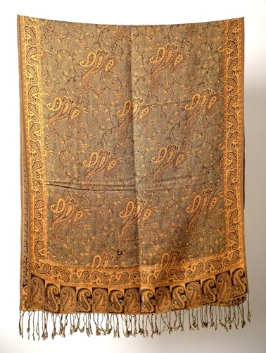 Achillea Reversible Paisley Pashmina Rave Scarf – Exotic Indian Shawls and Wraps for Evening Dresses, Festivals, All Seasons - color: Bronze