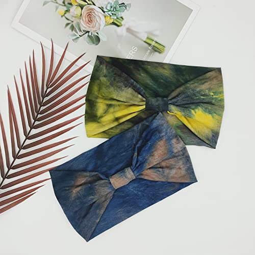 YONUF Wide Boho Headbands for Women Fashion Knotted Headband Yoga Workout Hair Accessories African Head Wrap Blue Tie Dye 4 Pack - color: Blue Tie Dye