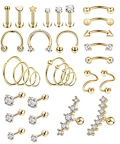 REVOLIA 32Pcs Stainless Steel Cartilage Stud Earrings for Women Conch Helix Tragus Daith Conch Hoop Earing Piercing Jewelry Set - color: Gold-tone